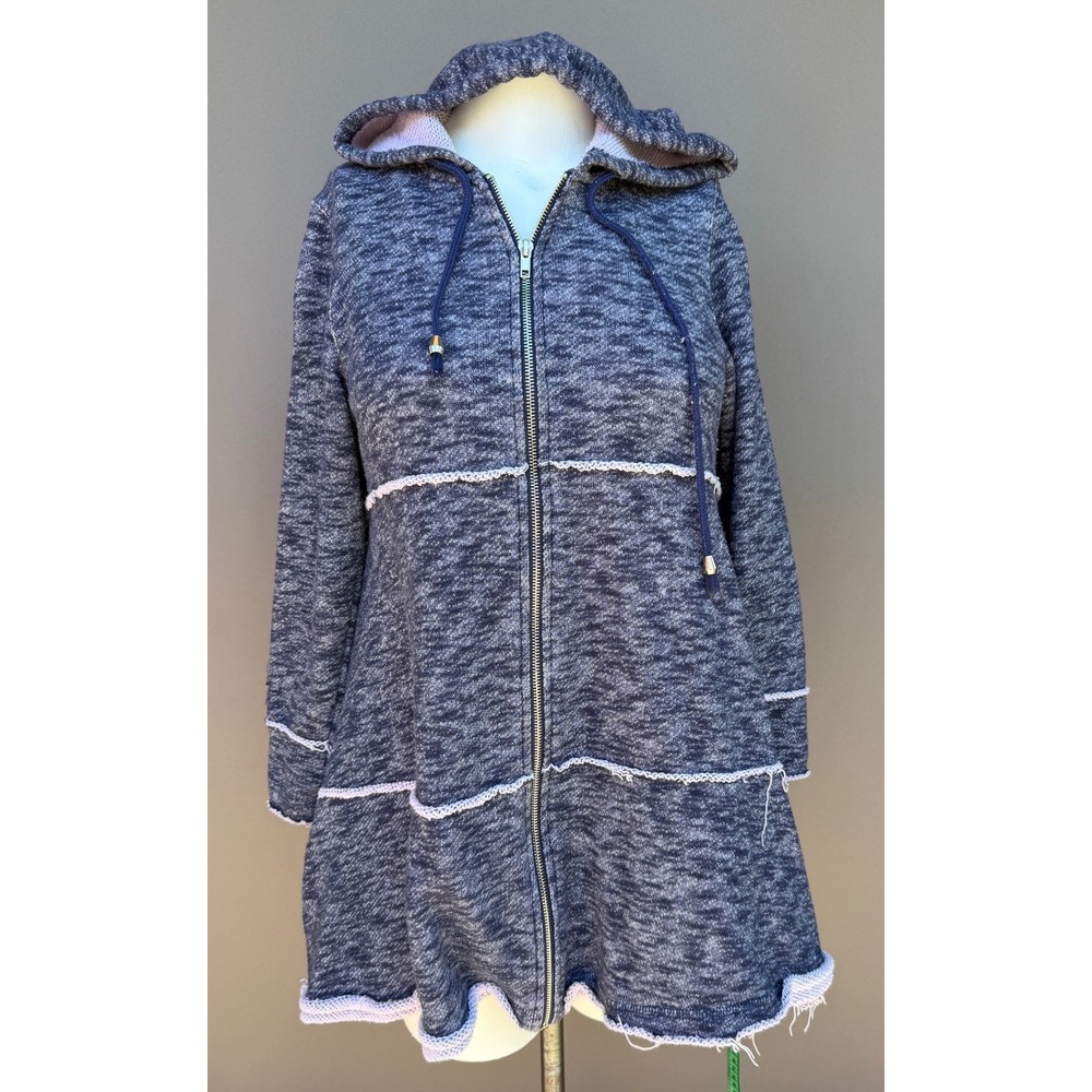 Camille & Co Small Blue Marled Tiered Raw Edge Zip Hoodie Longline Cotton Coat